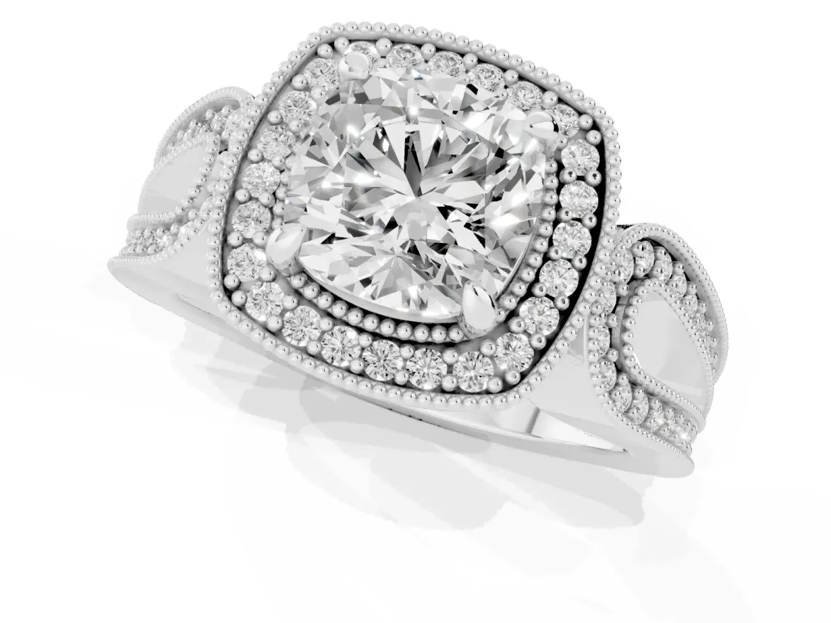Cushion Cut Halo Split Shank Milgrain Diamond Ring Platinum