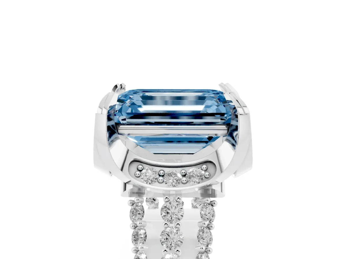 Fancy Blue Emerald Cut Solitaire Pave Split Shank Ring with Four-Prong Setting Platinum