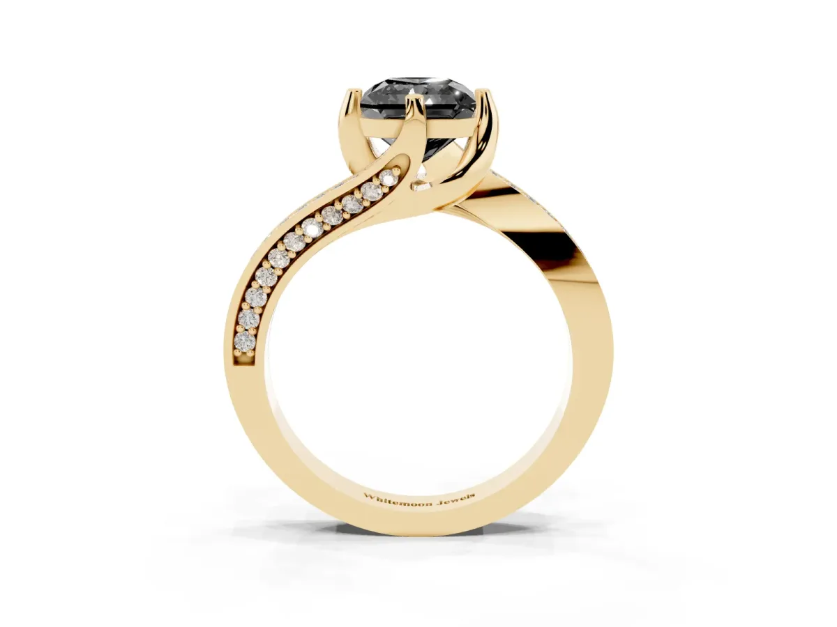 Fancy Black Radiant Cut Solitaire Diamond Twist Band with Pavé Setting and Four-Prong Setting Yellow gold