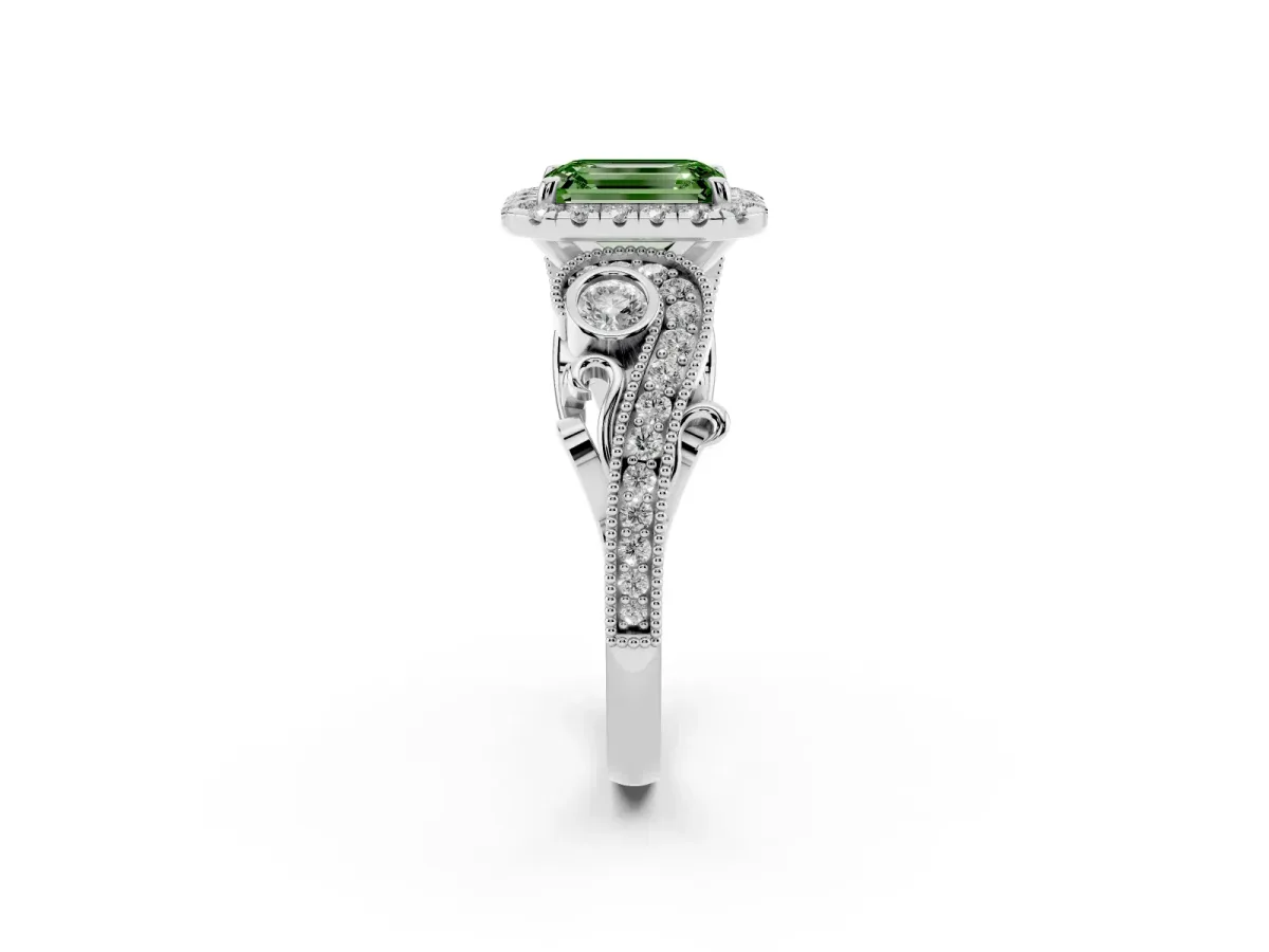 Fancy Green Emerald Cut Halo Diamond Ring with Milgrain and Bezel Accents on a Split Shank Band White gold