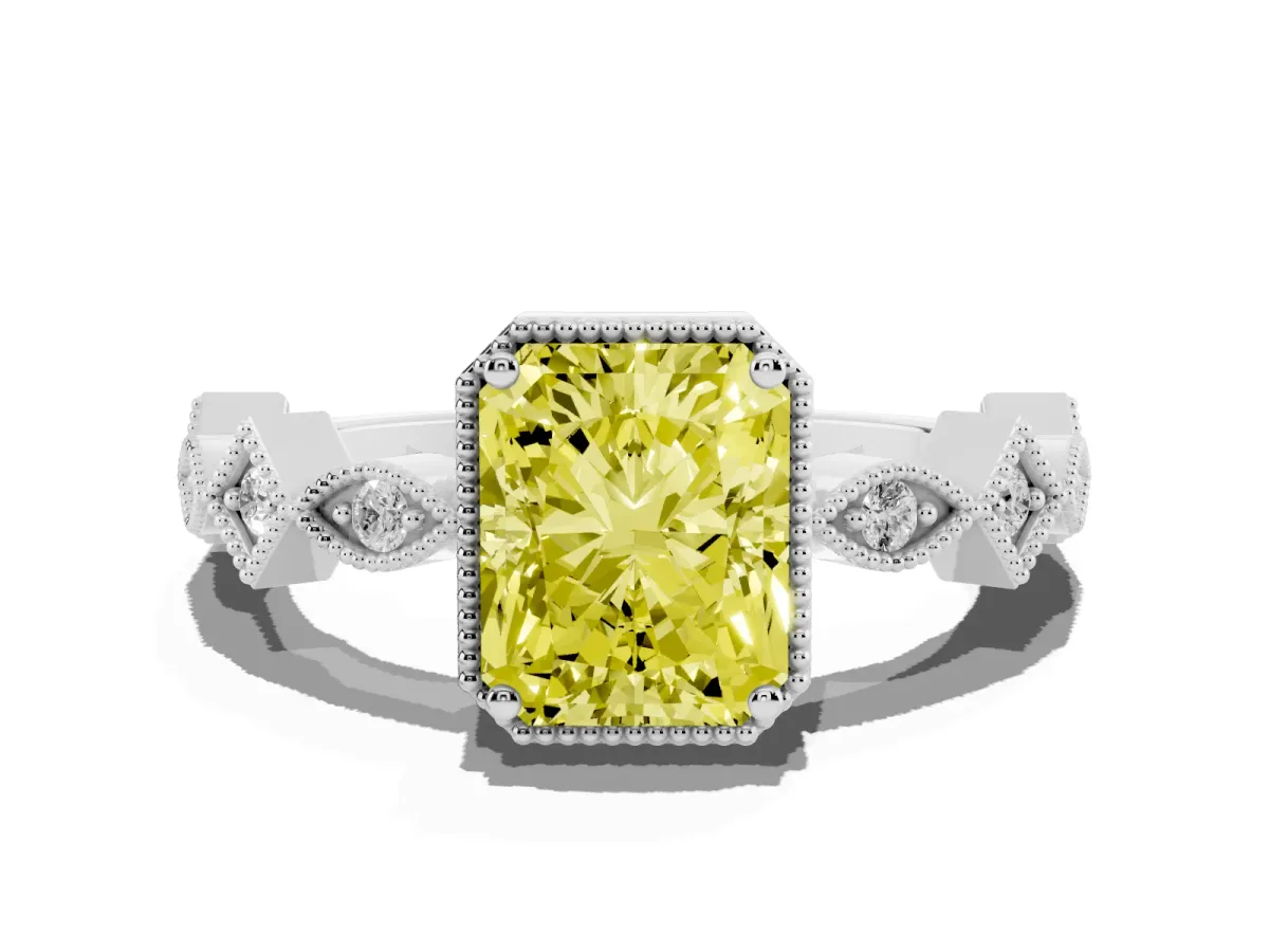 Fancy Yellow Radiant Cut Milgrain Marquise Diamond Twist Band Ring Silver