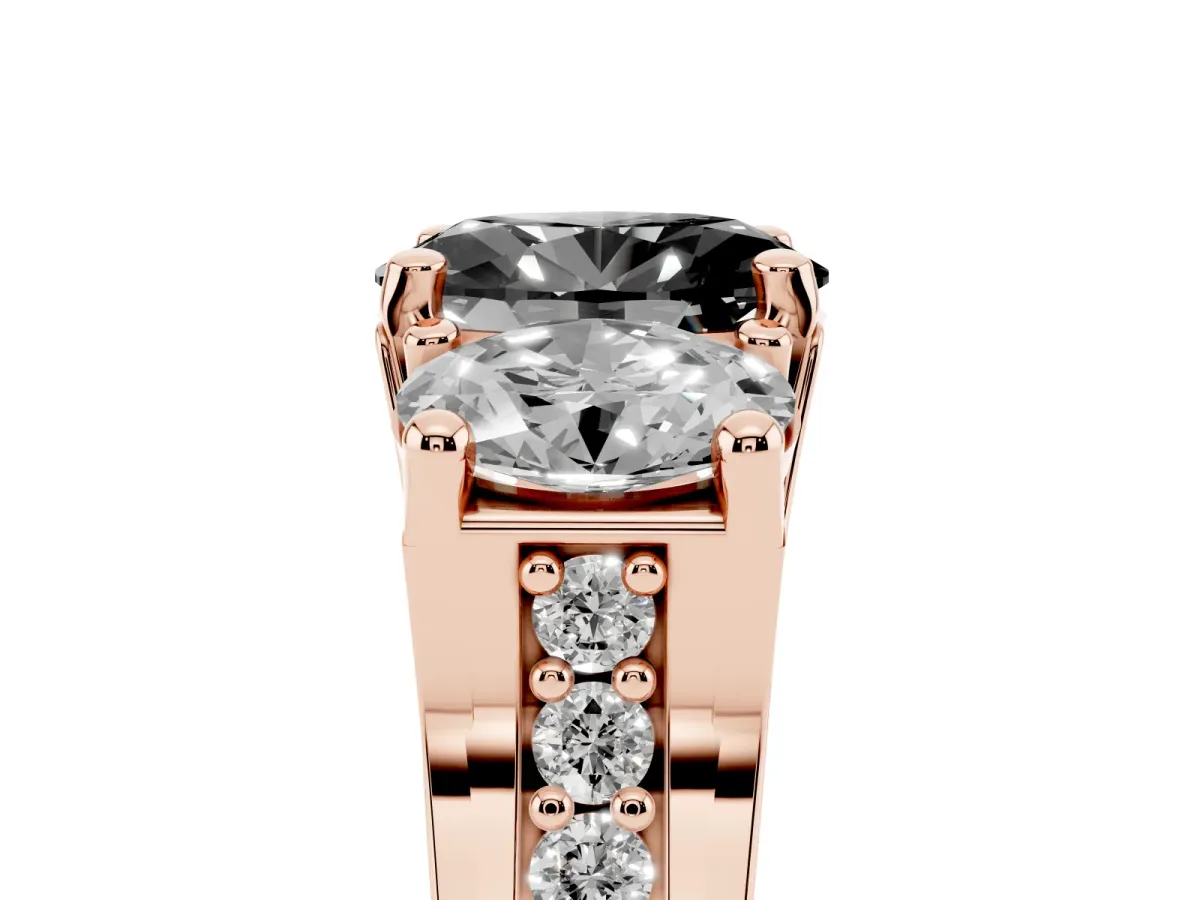 Fancy Black Oval Cut Diamond Three-Stone Ring with Channel Set Band and Four-Prong Setting Rose gold
