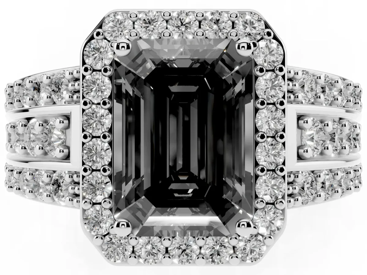 Fancy Black Emerald Cut Halo Diamond Ring with Round Split Shank and Prong Setting Platinum