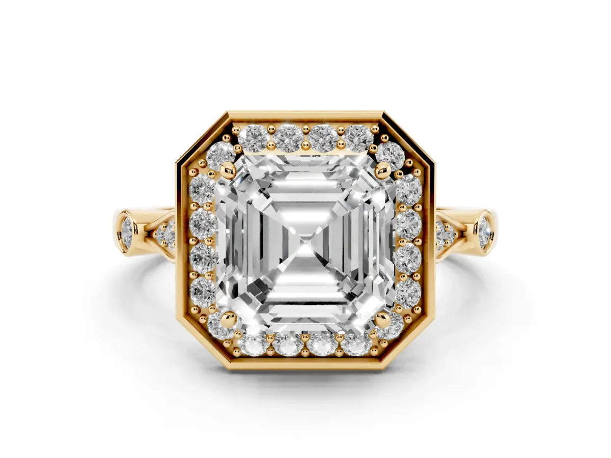 Asscher Cut Halo Diamond Engagement Ring with Twisted Band and Four-Prong Setting Yellow gold