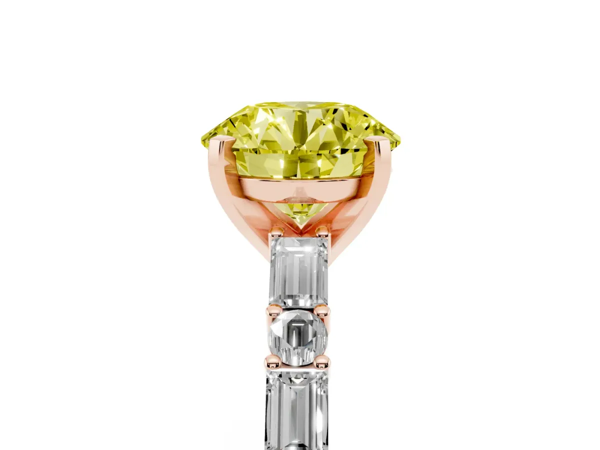 Fancy Yellow Round Cut Diamond Solitaire with Side Baguettes and Channel Set Band Rose gold