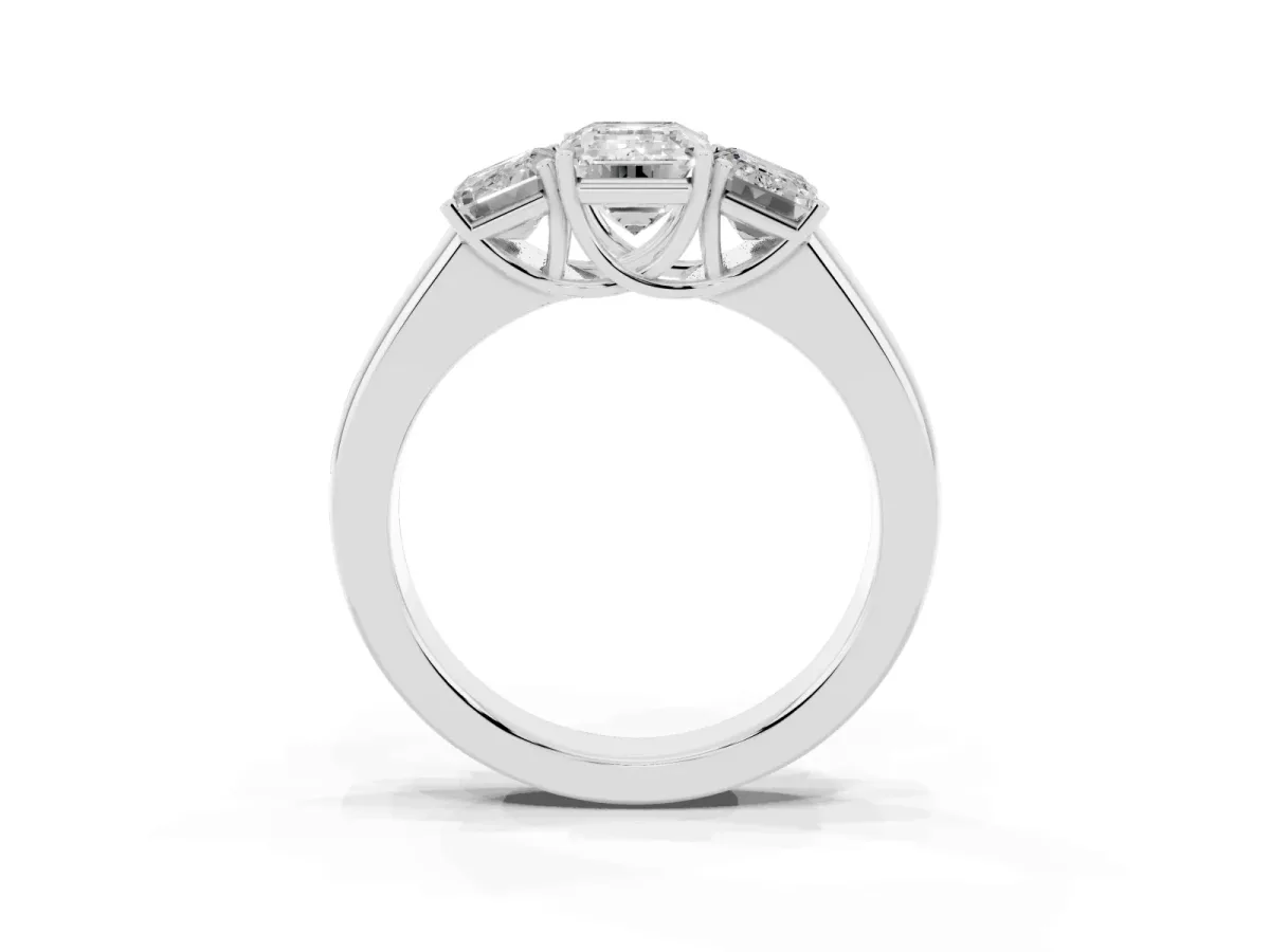 Three-Stone Emerald Cut Cut Diamond Ring with Prong Setting and Classic Band Silver