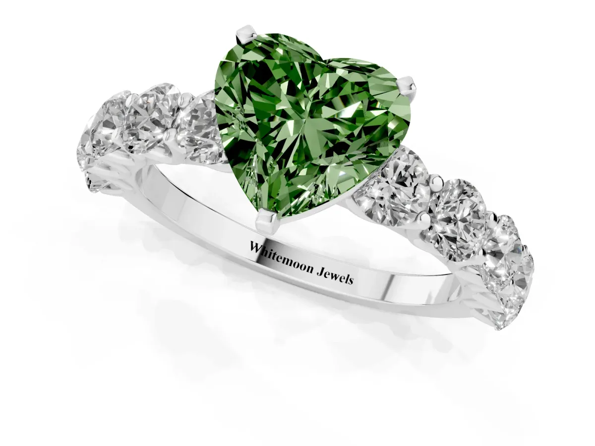 Fancy Green Heart Cut Diamond Prong Setting with Side Stones on a Pave Band White gold