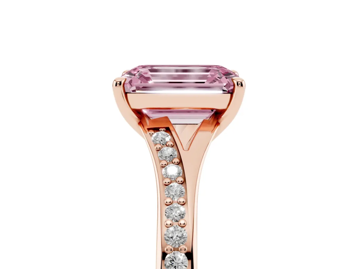 Fancy Pink Emerald Cut Diamond Solitaire Ring with Pavé Band and Prong Setting Rose gold