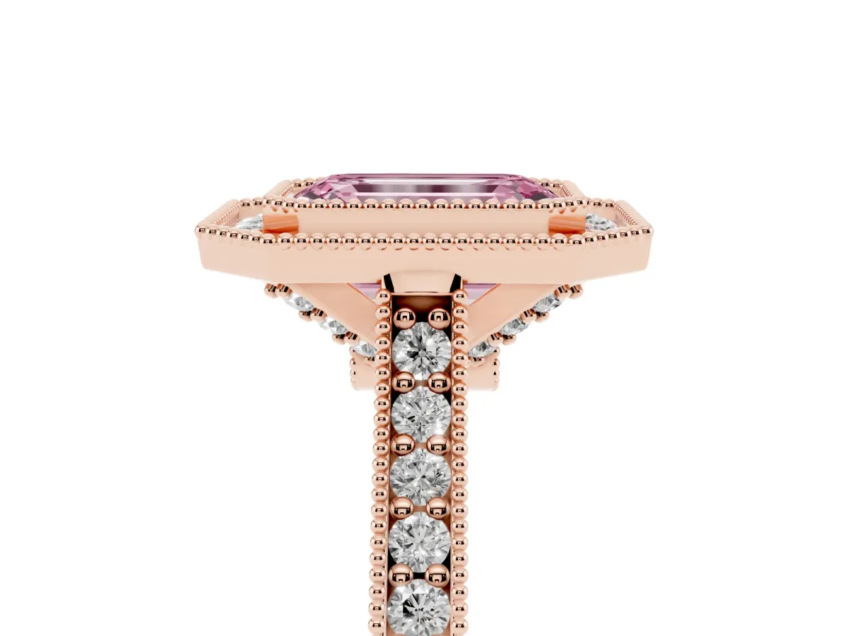 Fancy Pink Halo Emerald Cut-Cut Diamond Pave Band Milgrain Prong Setting Ring Rose gold