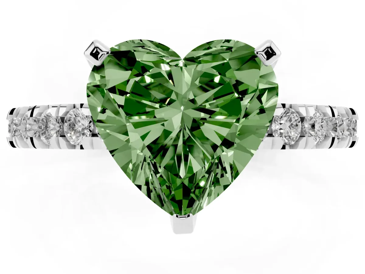 Fancy Green Heart Cut Diamond Pavé Band Solitaire with Four-Prong Setting Silver