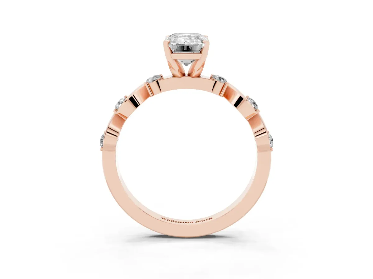 Emerald Cut Diamond Solitaire Twisted Band with Round Accents and Prong Setting Rose gold