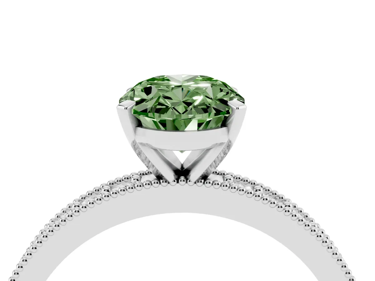 Fancy Green Oval Cut Diamond Milgrain Pavé Engagement Ring with Four-Prong Setting Silver
