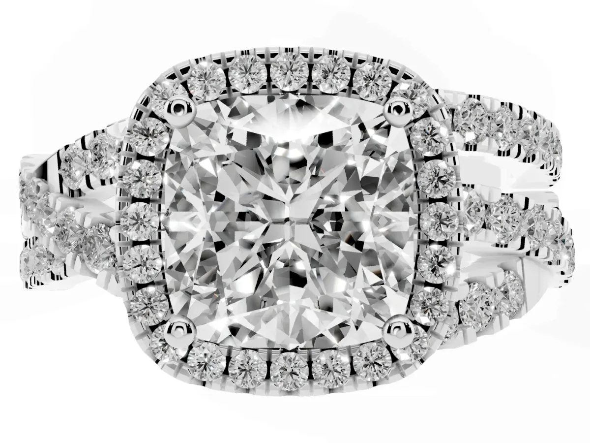 Cushion Cut Diamond Halo Ring with Round Split Shank and Prong Setting Platinum