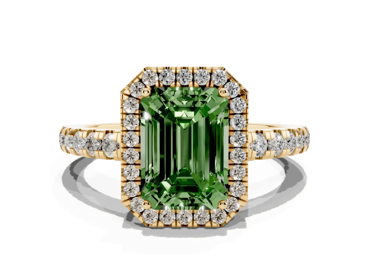 Fancy Green Emerald Cut Diamond Halo Ring with Pavé Band and Four-Prong Setting Yellow gold