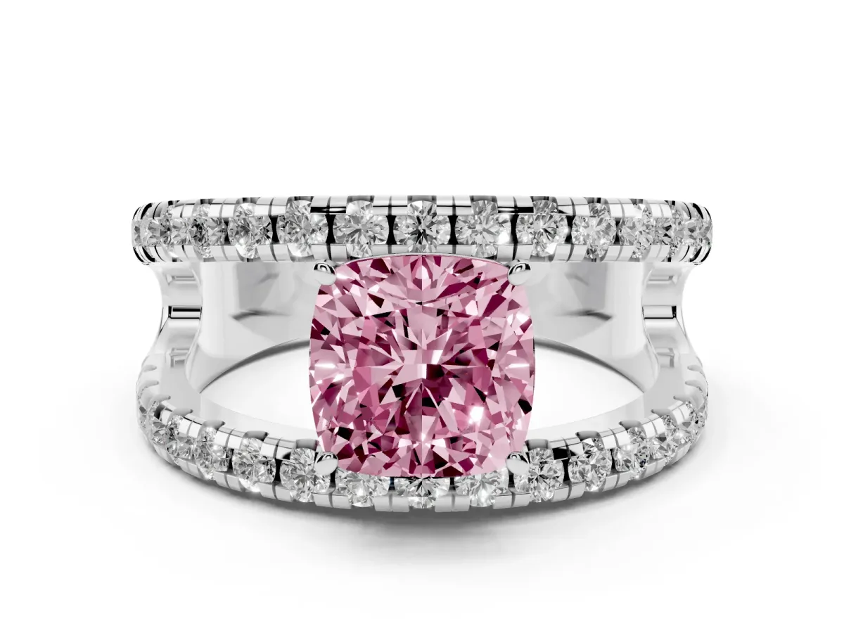 Fancy Pink Cushion Cut Solitaire Split Shank Pave Diamond Ring Silver