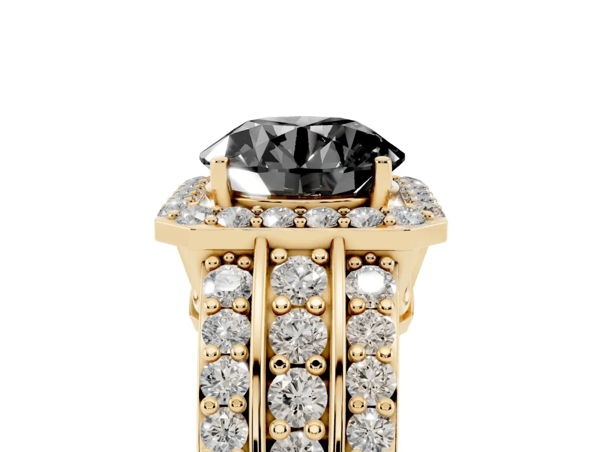 Fancy Black Round Cut Halo Diamond Ring with Round Split Shank and Prong Setting Yellow gold