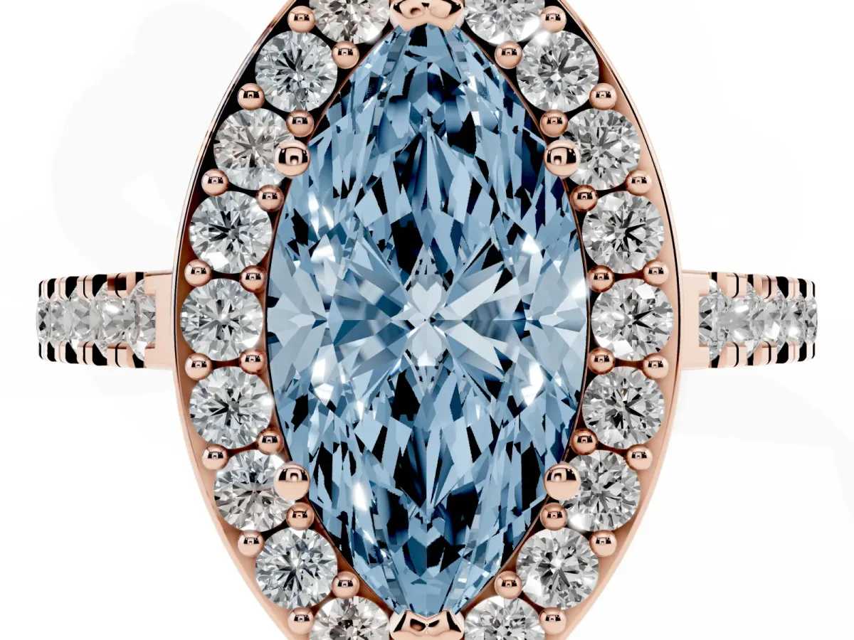 Fancy Blue Marquise Cut Diamond Halo Ring with Round Pavé Split Shank and Prong Setting Rose gold