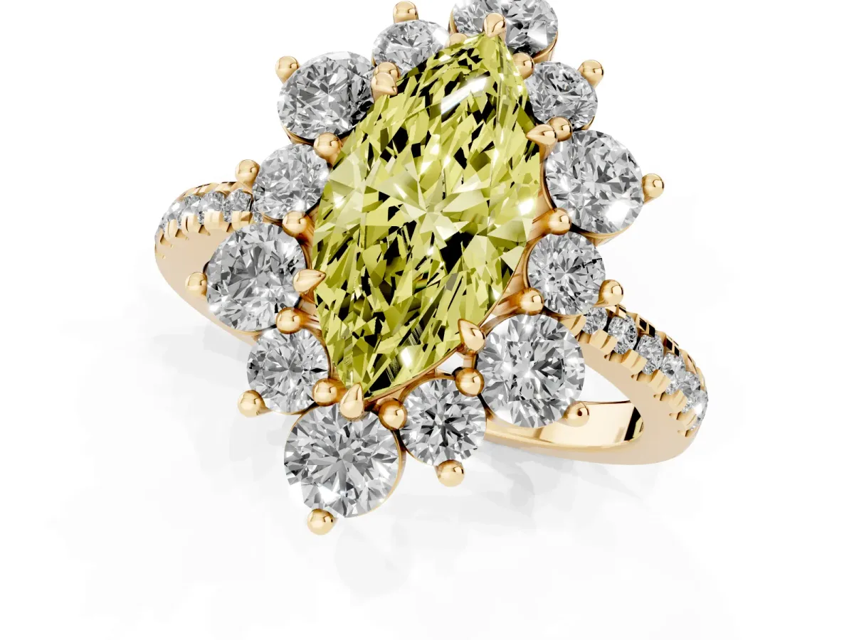 Fancy Yellow Marquise Cut Diamond Floral Halo Ring with Round Pavé Band and Prong Setting Yellow gold