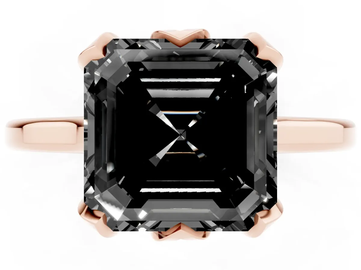 Fancy Black Asscher Cut Diamond Solitaire Ring with Flower Prong Setting and Classic Band Rose gold