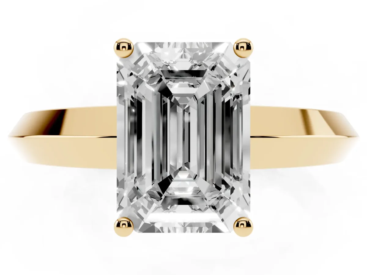 Emerald Cut Cut Solitaire Engagement Ring with Flat Band and Four-Prong Setting Yellow gold