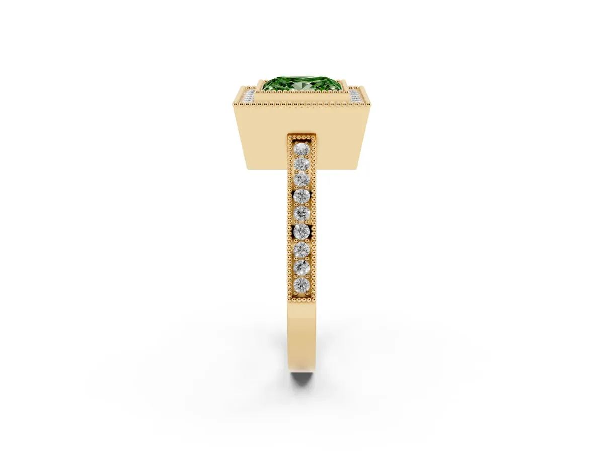 Fancy Green Princess Cut Cut Halo Diamond Ring with Pavé Band and Milgrain Prong Setting Yellow gold