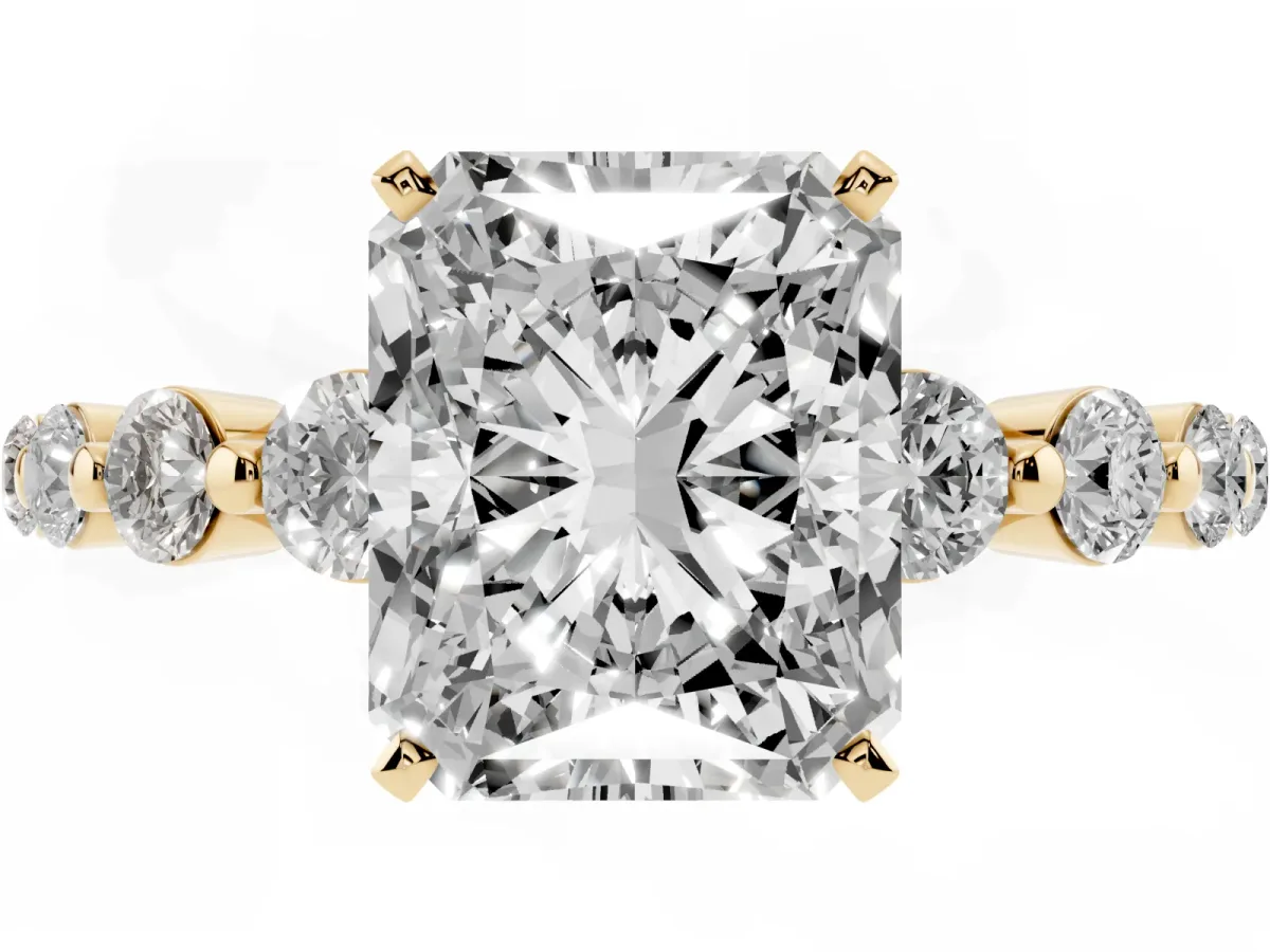 Radiant Cut Solitaire Diamond Ring with Pave Band and Four-Prong Setting Yellow gold