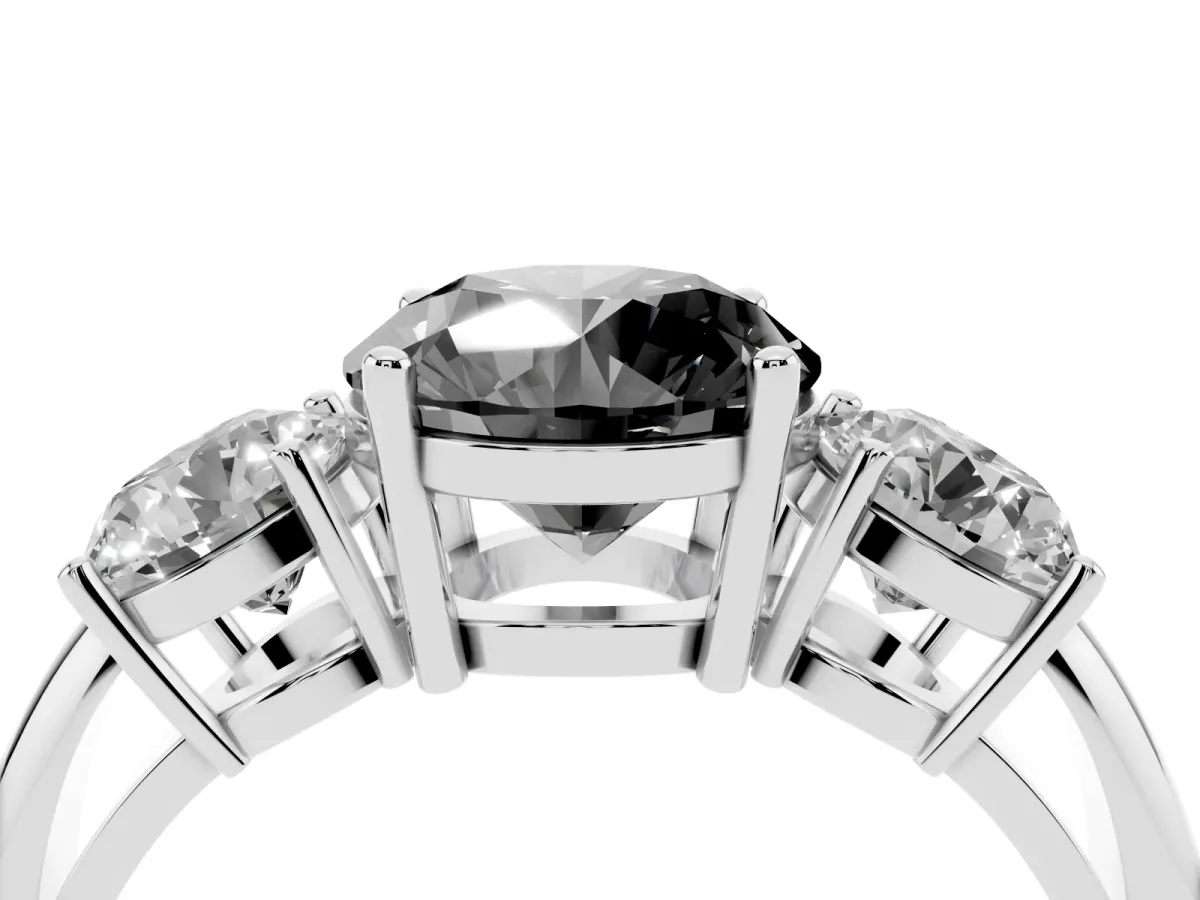 Fancy Black Three-Stone Round Cut Cut Diamond Engagement Ring with Prong Setting on a White Gold Band Platinum