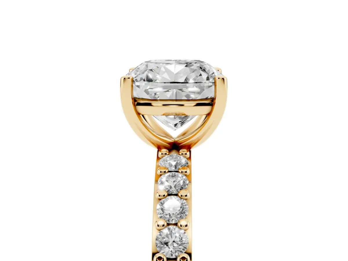 Cushion Cut Cut Diamond Solitaire with Pave Band and Four-Prong Setting Yellow gold
