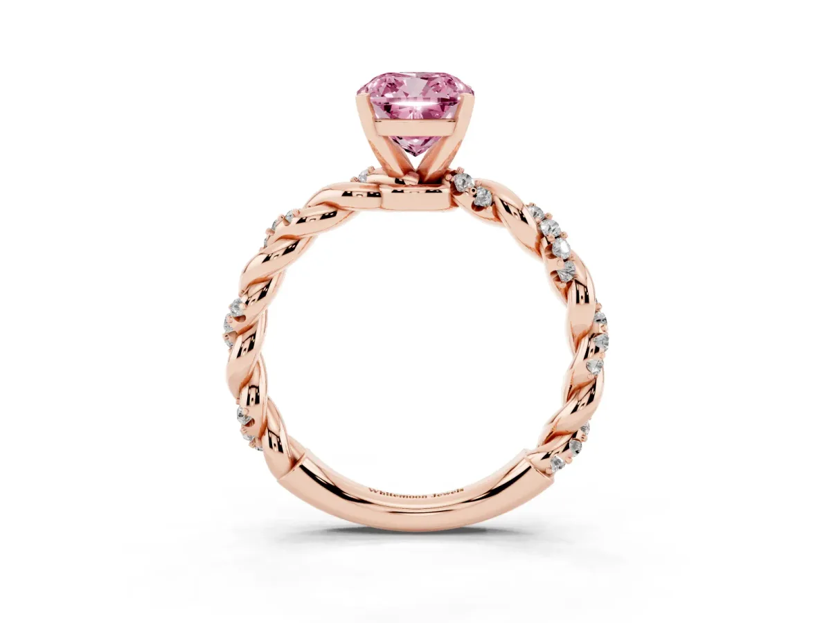 Fancy Pink Cushion Cut Diamond Solitaire Ring with Twisted Band and Pavé Accents Rose gold