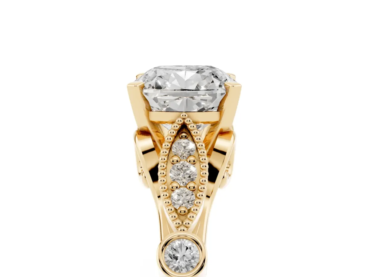 Cushion Cut Cut Diamond with Milgrain Marquise and Bezel Accents on a Solitaire Band with Prong Setting Yellow gold