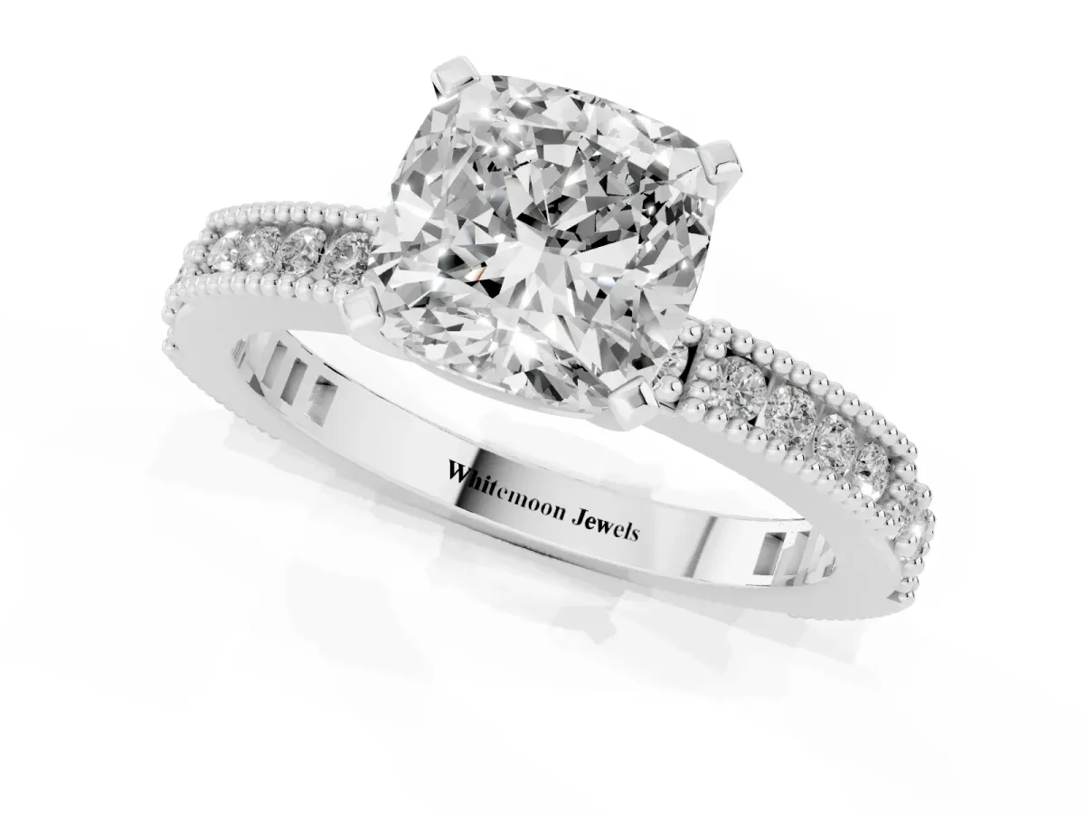 Cushion Cut Solitaire with Pavé Band and Four-Prong Setting Silver