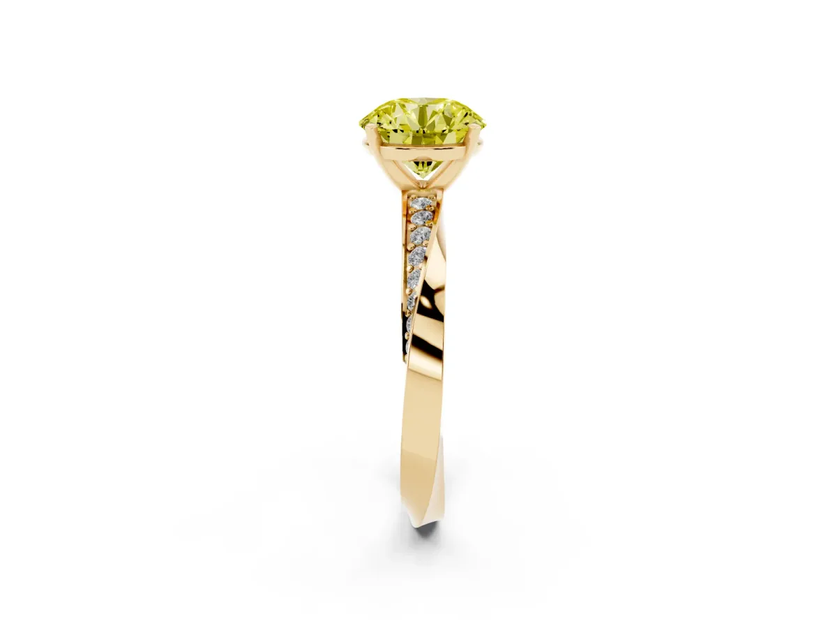 Fancy Yellow Round Cut Diamond Engagement Ring with Side Stone Accents and Four-Prong Setting Yellow gold