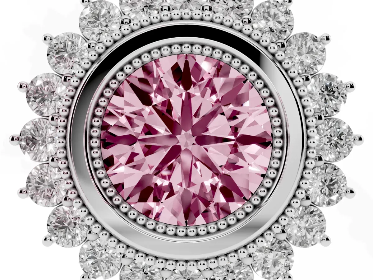 Fancy Pink Round Cut Halo Diamond Ring with Milgrain Edge and Round Prong Setting Silver