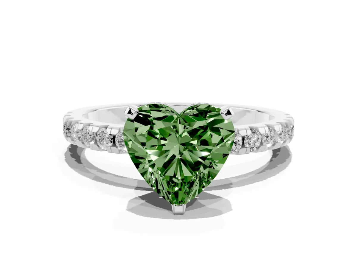 Fancy Green Heart Cut Diamond Solitaire Ring with Round Pavé Band and Four-Prong Setting Platinum