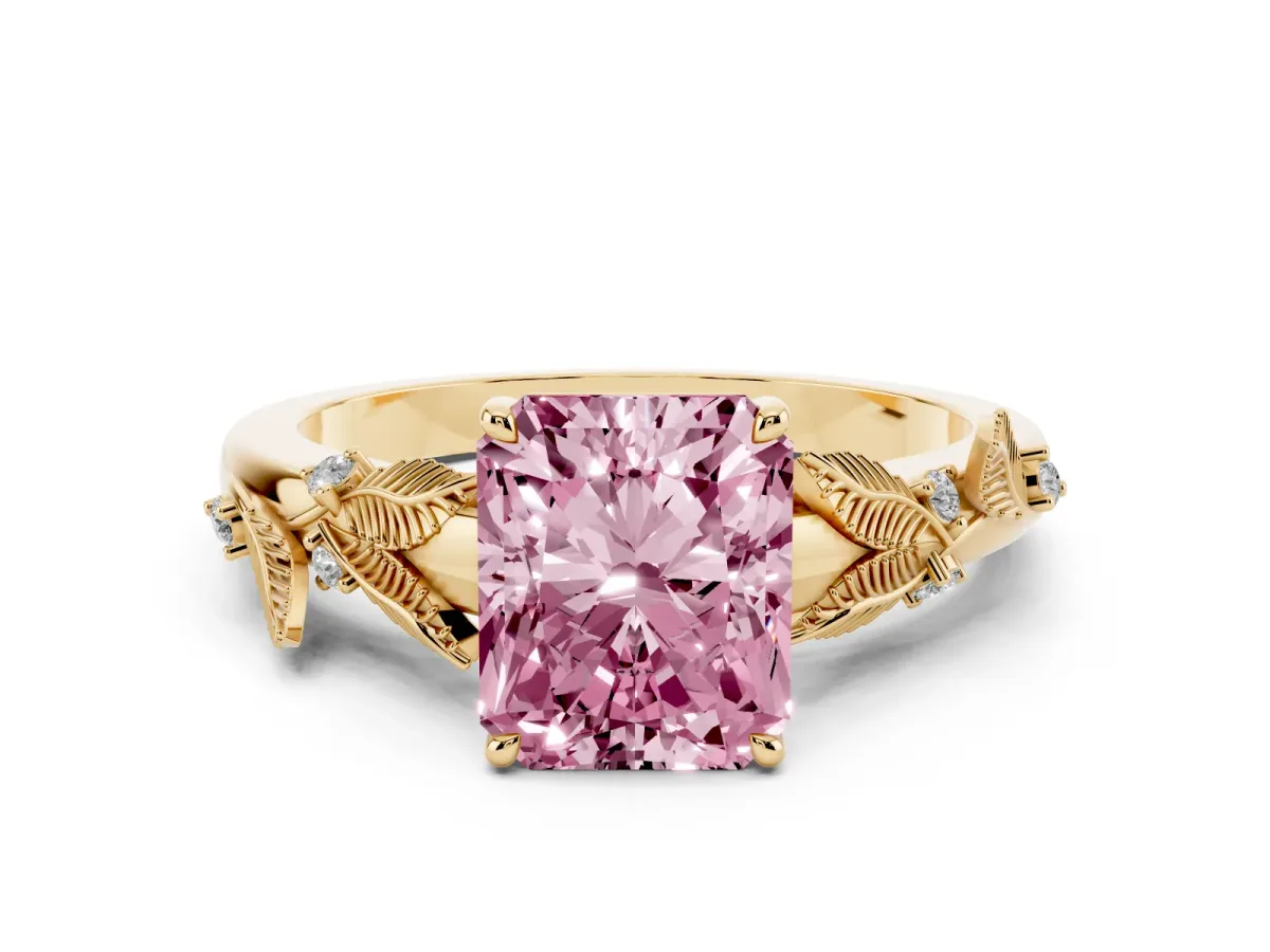 Fancy Pink Radiant Cut Diamond Solitaire Ring with Leaf Motif Band and Four-Prong Setting Yellow gold