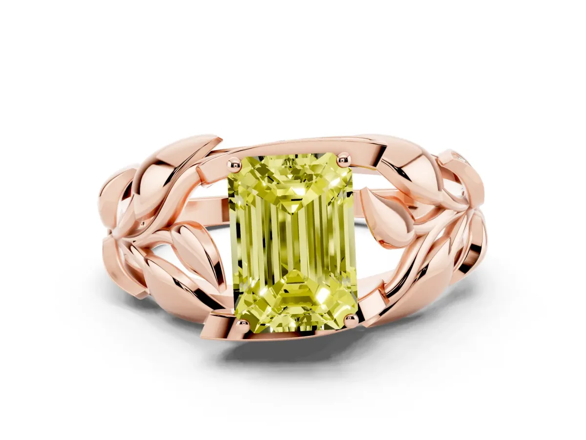 Fancy Yellow Emerald Cut Diamond Leaf-Inspired Engagement Ring with Round Accents and Prong Setting Rose gold