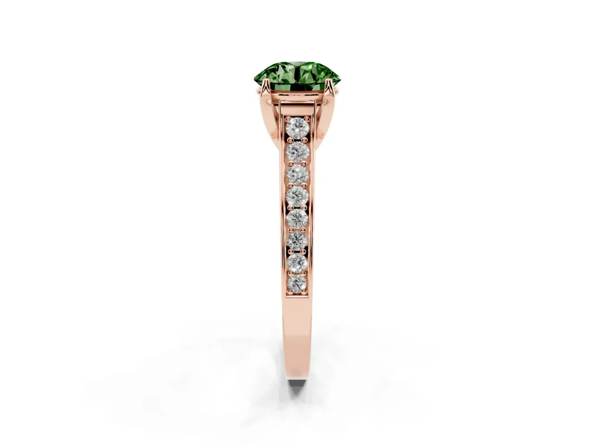 Fancy Green Round Cut Brilliant Cut Diamond Engagement Ring with Pavé Band and Four-Prong Setting Rose gold
