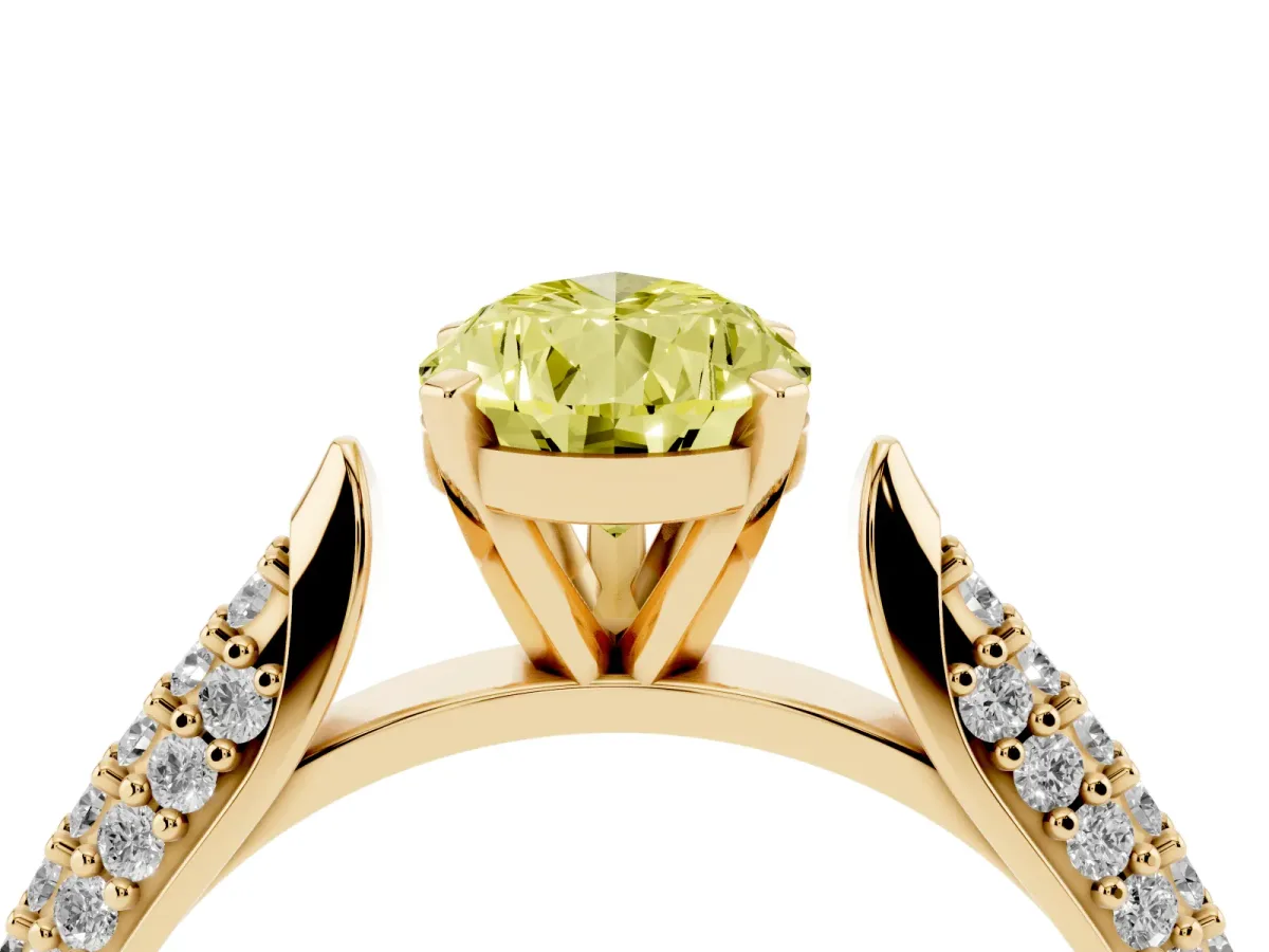 Fancy Yellow Pear Cut Diamond Solitaire Engagement Ring with Multi-Row Round Pavé Band and Prong Setting Yellow gold