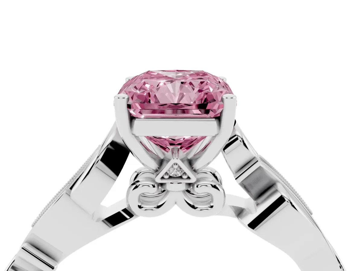 Fancy Pink Radiant Cut Solitaire Vine Band with Milgrain Prong Setting Silver