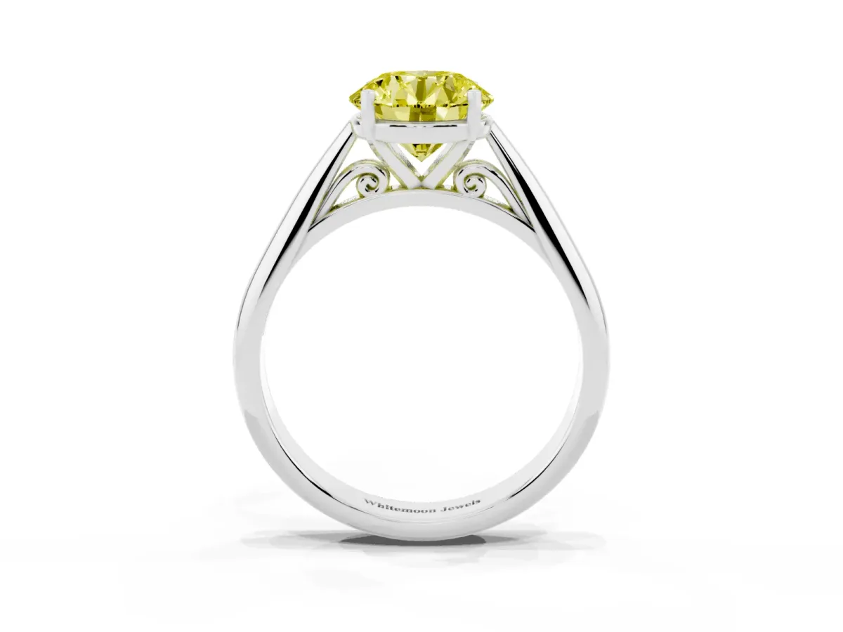 Fancy Yellow Round Cut Diamond Solitaire Engagement Ring with Cathedral Setting and Four-Prong Mount Silver