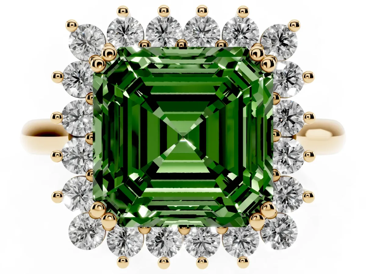Fancy Green Asscher Cut Cut Diamond Halo Ring with Solitaire Band and Prong Setting Yellow gold