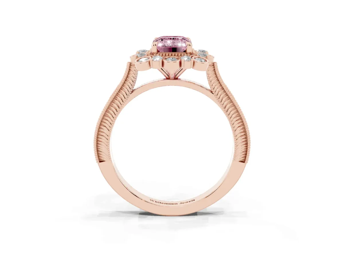 Fancy Pink Emerald Cut Halo Milgrain Pave Diamond Ring with Four-Prong Setting Rose gold