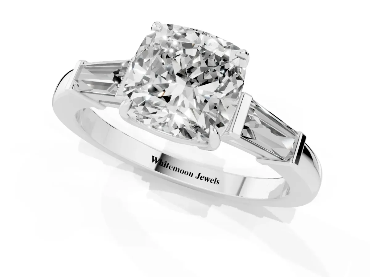 Cushion Cut Diamond Three-Stone Ring with Tapered Baguette Side Stones and Prong Setting White gold