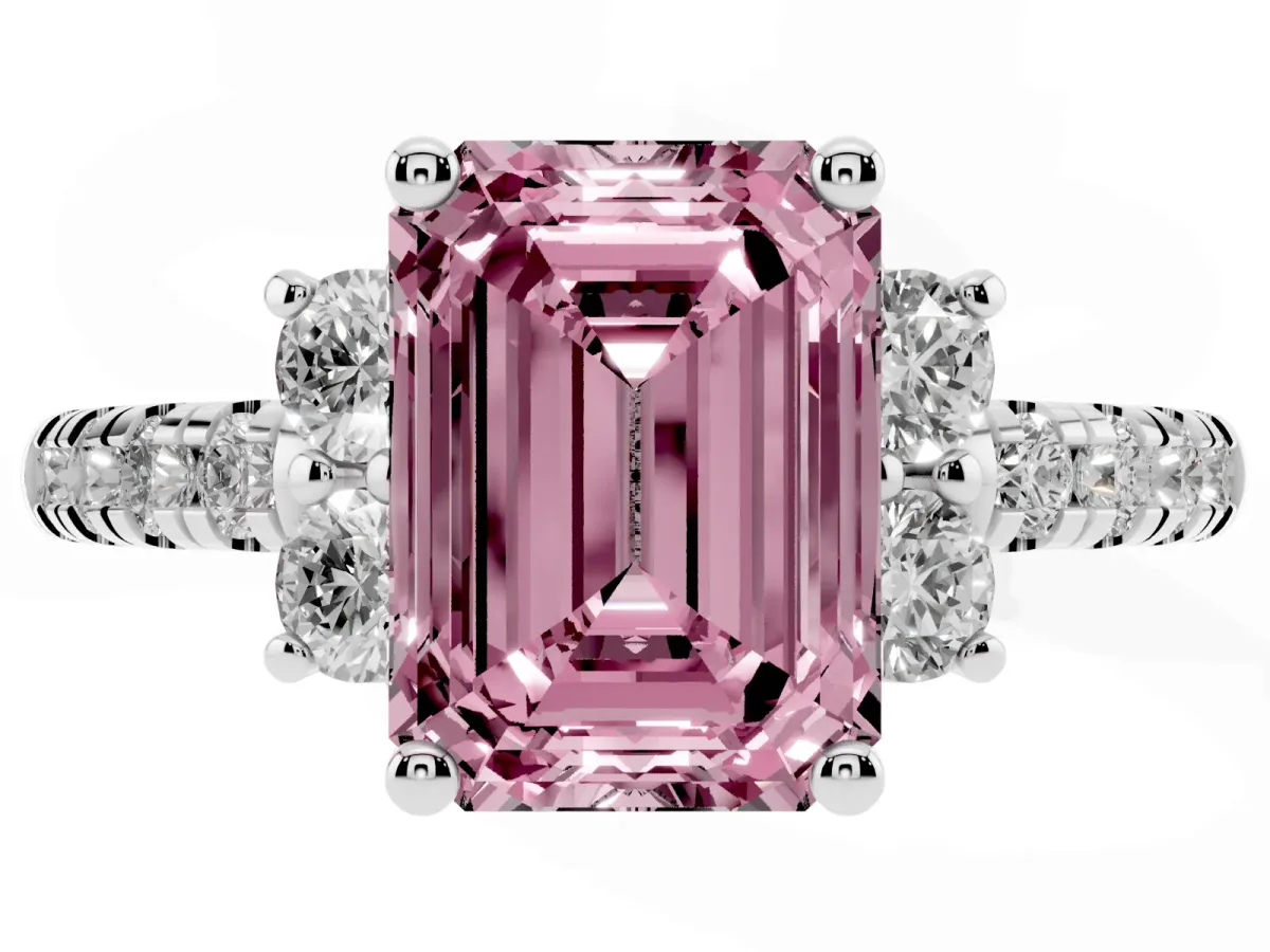 Fancy Pink Emerald Cut Diamond Three-Stone Pave Band with Four-Prong Setting Silver