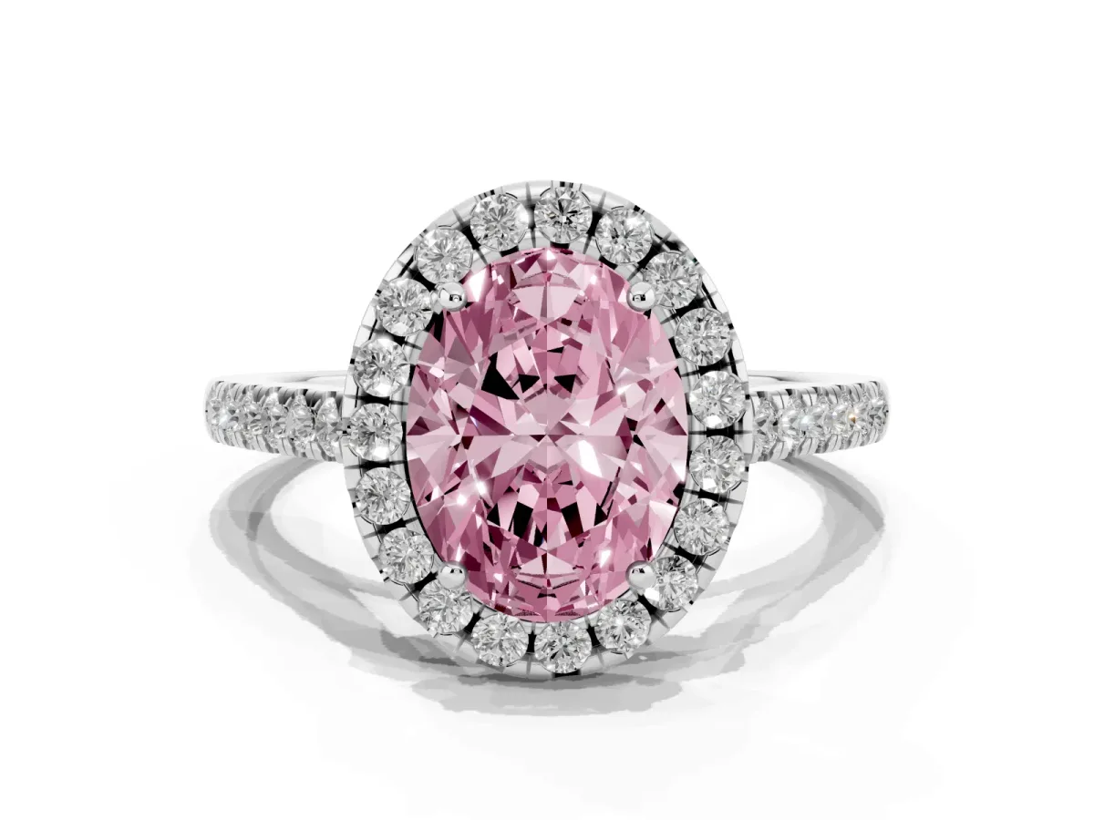 Fancy Pink Oval Cut Halo Pavé Diamond Engagement Ring with Four-Prong Setting Silver