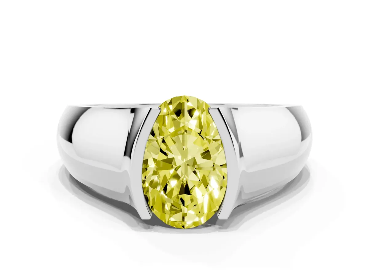Fancy Yellow Oval Cut Solitaire Bezel Set Diamond Ring with Wide Band Platinum