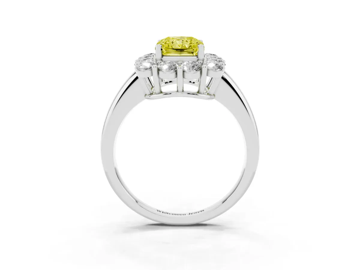 Fancy Yellow Radiant Cut Halo Cluster Diamond Engagement Ring with Prong Setting and Polished Band Platinum