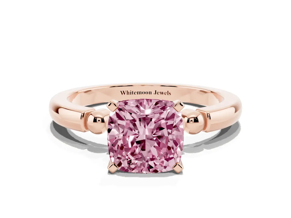 Fancy Pink Cushion Cut Solitaire Beaded Band with Four-Prong Setting Rose gold