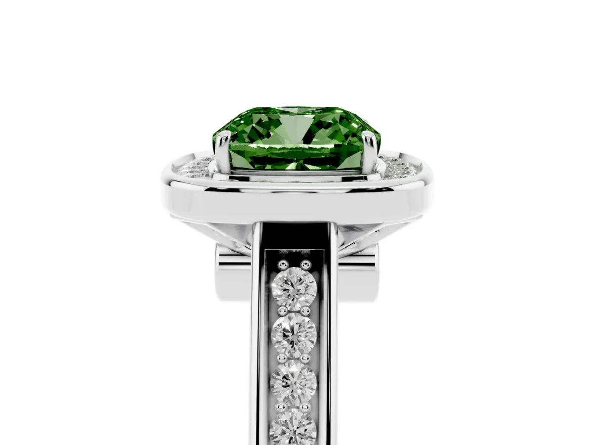Fancy Green Cushion Cut Halo Solitaire Diamond Ring with Pave Band and Bezel Setting Platinum