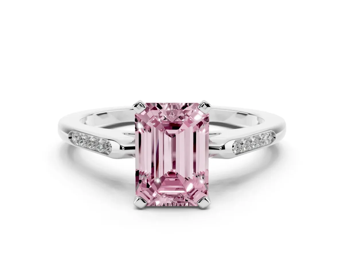 Fancy Pink Emerald Cut Diamond Solitaire Ring with Channel Set Round Band and Prong Setting Silver